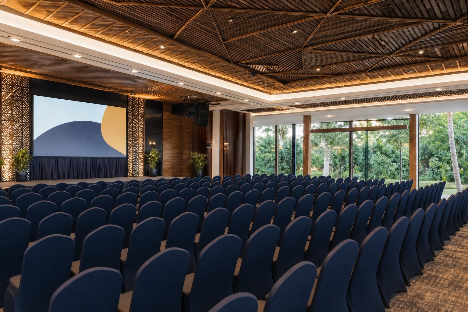 Sala preparada para conferência corporativa no Jardim Ndlovu